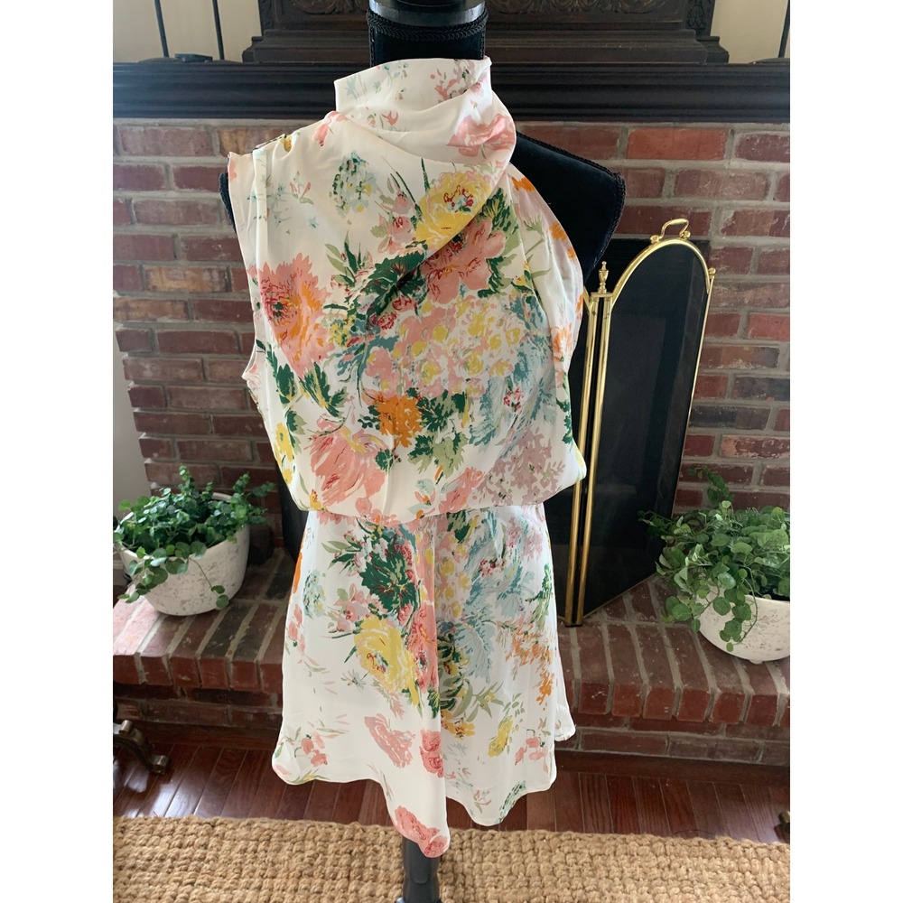 Petal + Pup Anabelle Satin Halter Neck Mini Dress White Floral Size M‎ NWT